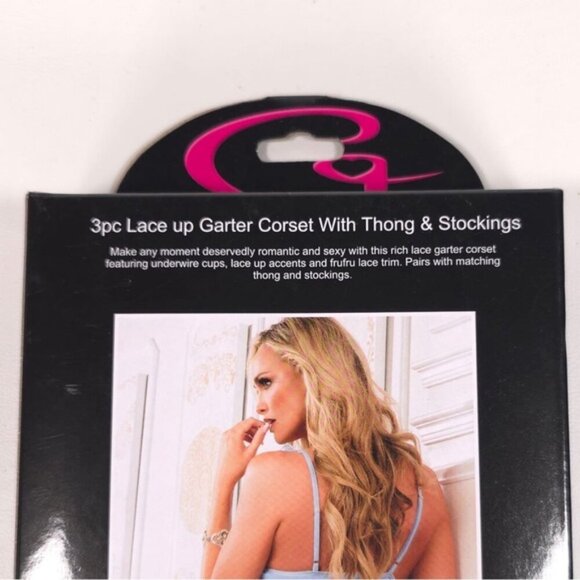 G World Intimates 3pc Lace up Garter Corset Thong & Stockings Blue Babe B2227‎ - Picture 5 of 7